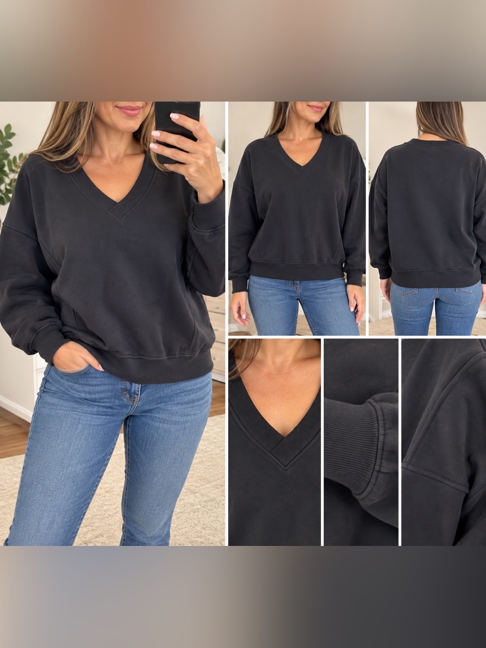 JoyLab Womens Black V-Neck Fleece Pullover Sweatshirt Oversized XL Long Sleeve - Picture 2 of 5